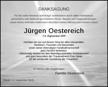 Traueranzeige von Jürgen Oestereich von Ostsee-Zeitung GmbH