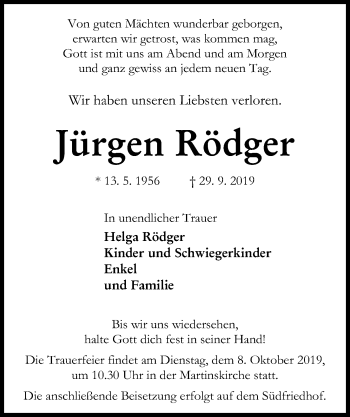 Traueranzeige von Jürgen Rödger von Kieler Nachrichten