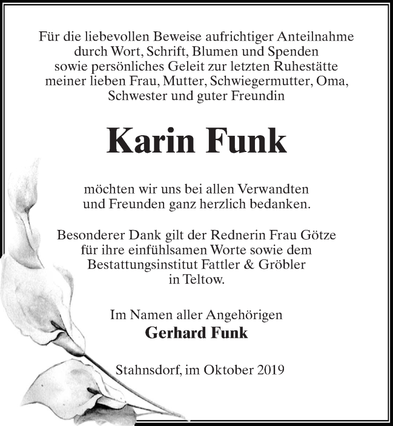  Traueranzeige für Karin Funk vom 26.10.2019 aus Märkischen Allgemeine Zeitung