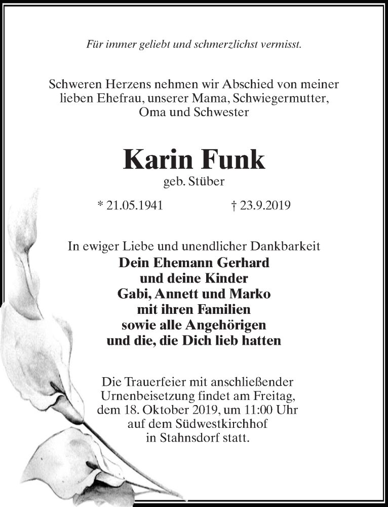  Traueranzeige für Karin Funk vom 05.10.2019 aus Märkischen Allgemeine Zeitung