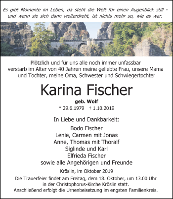 Traueranzeige von Karina Fischer von Ostsee-Zeitung GmbH