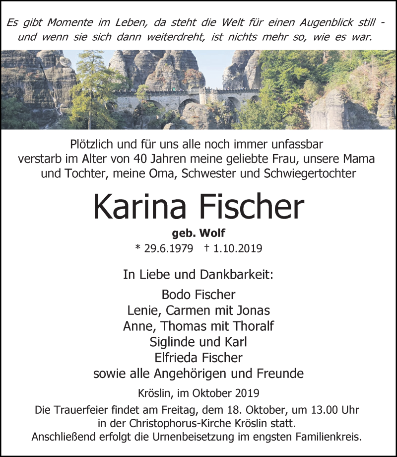  Traueranzeige für Karina Fischer vom 12.10.2019 aus Ostsee-Zeitung GmbH