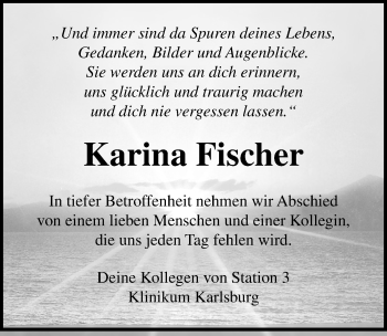 Traueranzeige von Karina Fischer von Ostsee-Zeitung GmbH