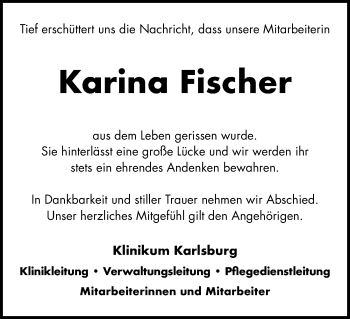 Traueranzeige von Karina Fischer von Ostsee-Zeitung GmbH