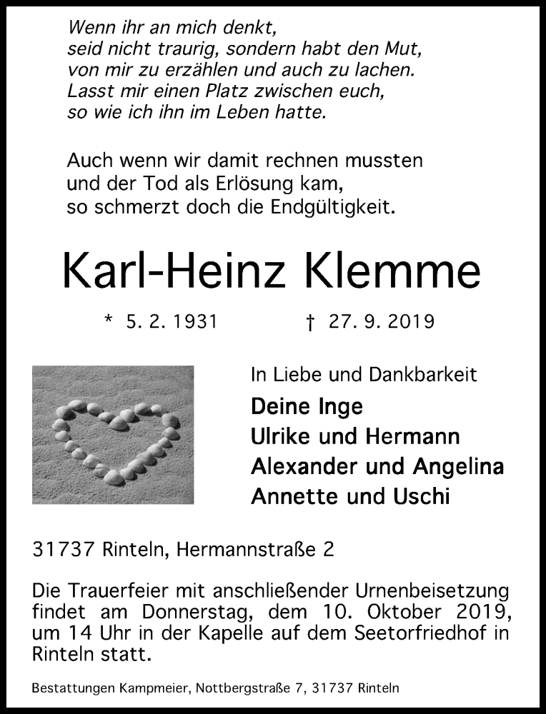  Traueranzeige für Karl-Heinz Klemme vom 05.10.2019 aus Schaumburger Nachrichten