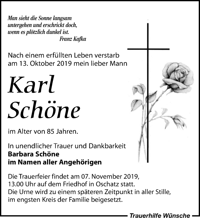 Traueranzeigen Von Karl Schone Trauer Anzeigen De