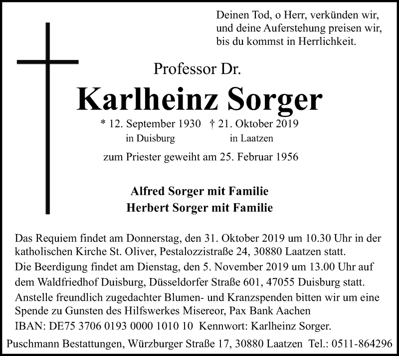  Traueranzeige für Karlheinz Sorger vom 26.10.2019 aus Hannoversche Allgemeine Zeitung/Neue Presse