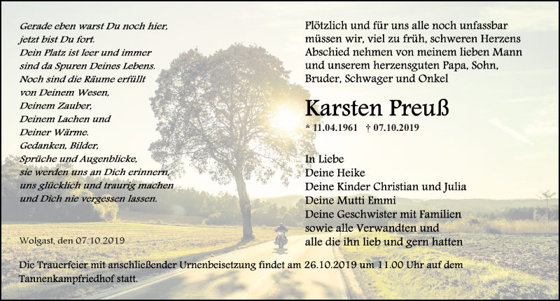  Traueranzeige für Karsten Preuß vom 12.10.2019 aus Ostsee-Zeitung GmbH