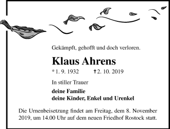 Traueranzeige von Klaus Ahrens von Ostsee-Zeitung GmbH