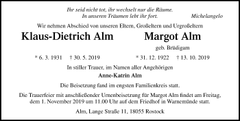 Traueranzeige von Klaus-Dietrich Alm von Ostsee-Zeitung GmbH