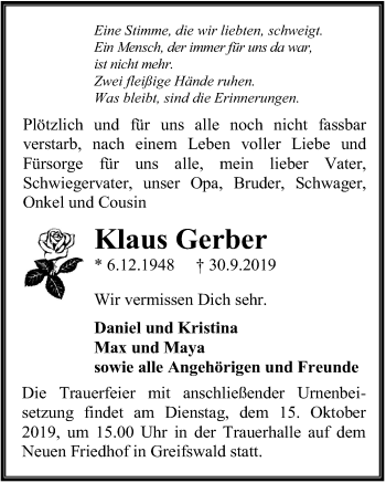 Traueranzeige von Klaus Gerber von Ostsee-Zeitung GmbH