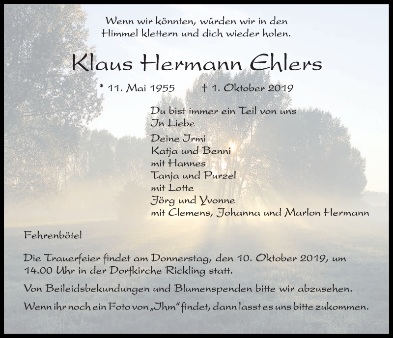  Traueranzeige für Klaus Hermann Ehlers vom 05.10.2019 aus Kieler Nachrichten