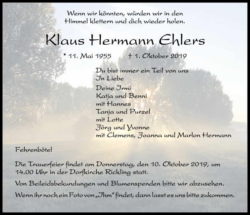  Traueranzeige für Klaus Hermann Ehlers vom 09.10.2019 aus Kieler Nachrichten