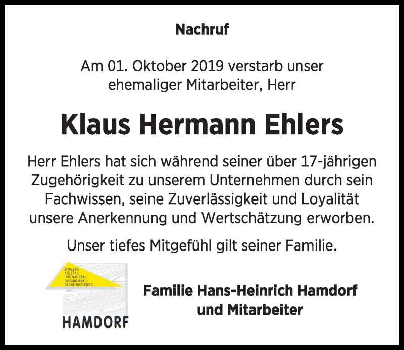  Traueranzeige für Klaus Hermann Ehlers vom 09.10.2019 aus Kieler Nachrichten