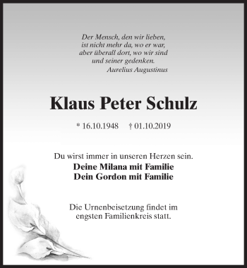 Traueranzeige von Klaus Peter Schulz von Märkischen Allgemeine Zeitung