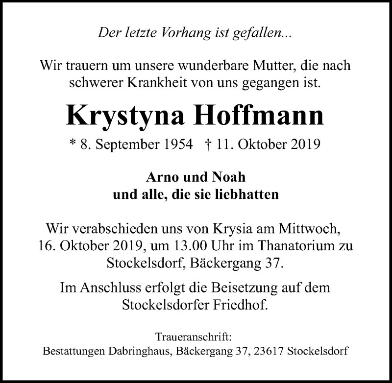  Traueranzeige für Krystyna Hoffmann vom 13.10.2019 aus Lübecker Nachrichten