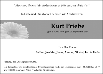 Traueranzeige von Kurt Priebe von Ostsee-Zeitung GmbH