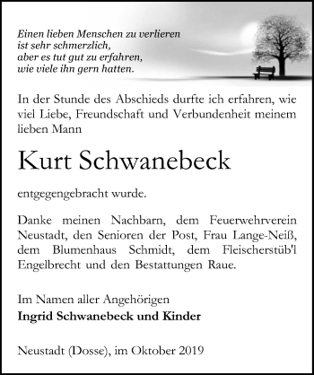 Traueranzeige von Kurt Schwanebeck von Märkischen Allgemeine Zeitung