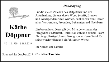 Traueranzeige von Käthe Döppner von Ostsee-Zeitung GmbH
