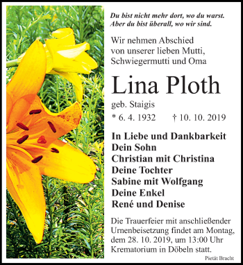 Traueranzeige von Lina Ploth von Leipziger Volkszeitung