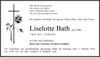Traueranzeige von Liselotte Bath von Märkischen Allgemeine Zeitung