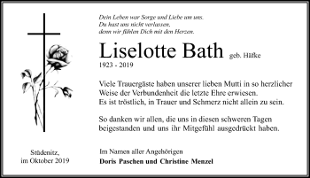 Traueranzeige von Liselotte Bath Häfke