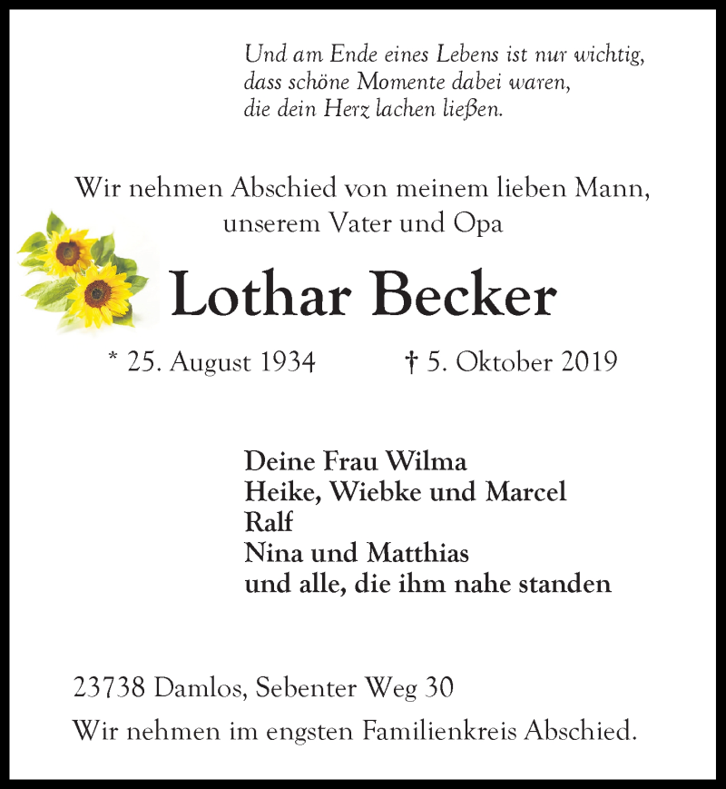  Traueranzeige für Lothar Becker vom 12.10.2019 aus Lübecker Nachrichten