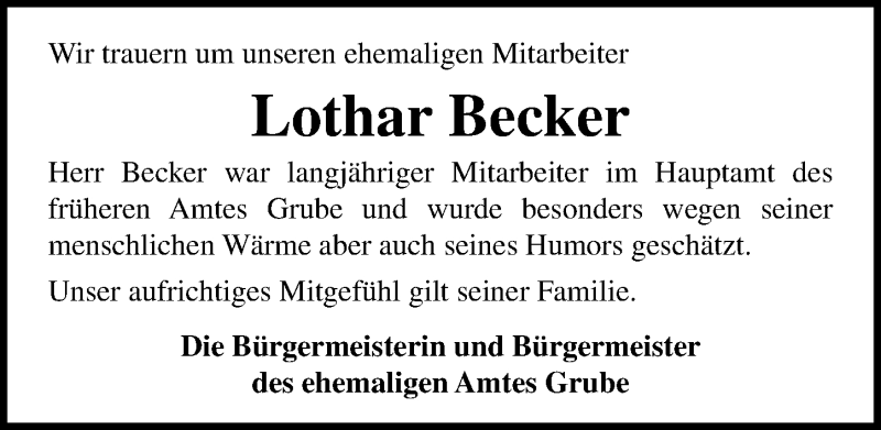  Traueranzeige für Lothar Becker vom 16.10.2019 aus Lübecker Nachrichten