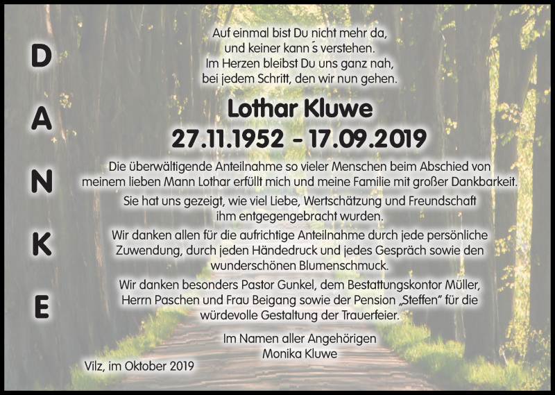  Traueranzeige für Lothar Kluwe vom 12.10.2019 aus Ostsee-Zeitung GmbH