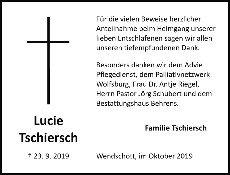  Traueranzeige für Lucie Tschiersch vom 15.10.2019 aus Aller Zeitung