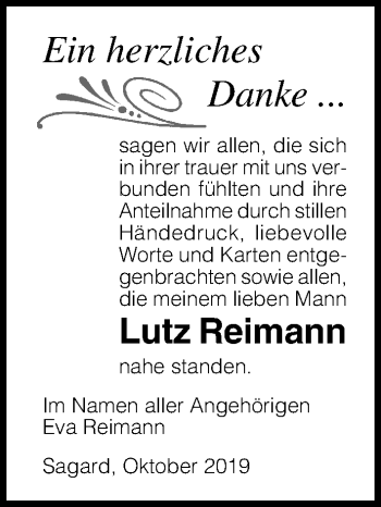 Traueranzeige von Lutz Reimann von Ostsee-Zeitung GmbH