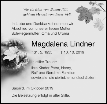 Traueranzeige von Magdalena Lindner von Ostsee-Zeitung GmbH