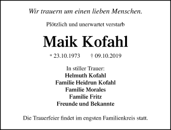 Traueranzeige von Maik Kofahl von Ostsee-Zeitung GmbH