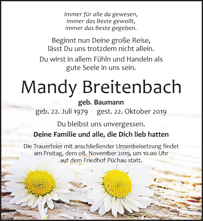  Traueranzeige für Mandy Breitenbach vom 26.10.2019 aus Leipziger Volkszeitung