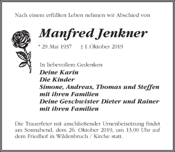 Traueranzeige von Manfred Jenkner von Märkischen Allgemeine Zeitung