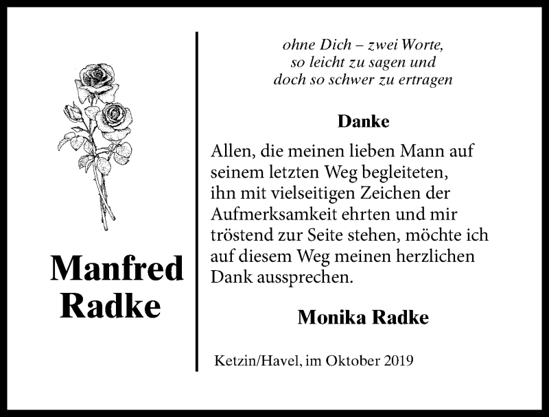  Traueranzeige für Manfred Radke vom 19.10.2019 aus Märkischen Allgemeine Zeitung