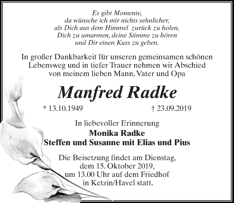  Traueranzeige für Manfred Radke vom 05.10.2019 aus Märkischen Allgemeine Zeitung