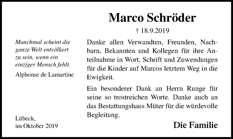  Traueranzeige für Marco Schröder vom 06.10.2019 aus Lübecker Nachrichten