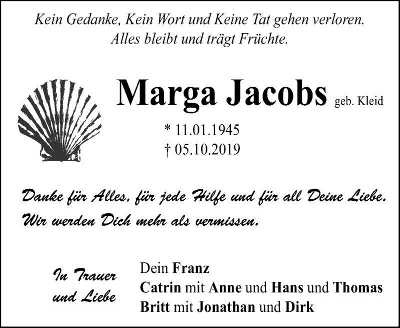 Traueranzeige für Marga Jacobs vom 19.10.2019 aus Leipziger Volkszeitung