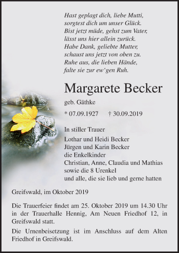 Traueranzeige von Margarete Becker von Ostsee-Zeitung GmbH