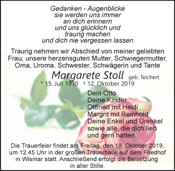 Traueranzeige von Margarete Stoll von Ostsee-Zeitung GmbH