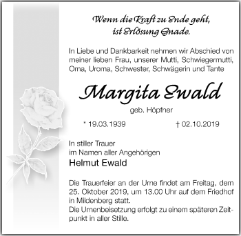 Traueranzeige von Margita Ewald von Märkischen Allgemeine Zeitung