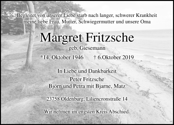 Traueranzeige von Margret Fritzsche von Lübecker Nachrichten