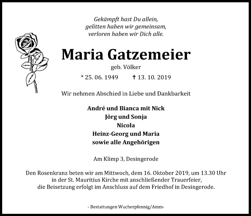  Traueranzeige für Maria Gatzemeier vom 15.10.2019 aus Eichsfelder Tageblatt