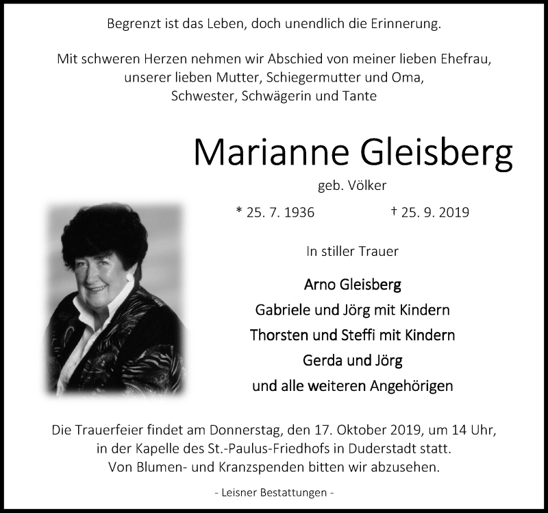 Traueranzeigen von Marianne Gleisberg | trauer-anzeigen.de