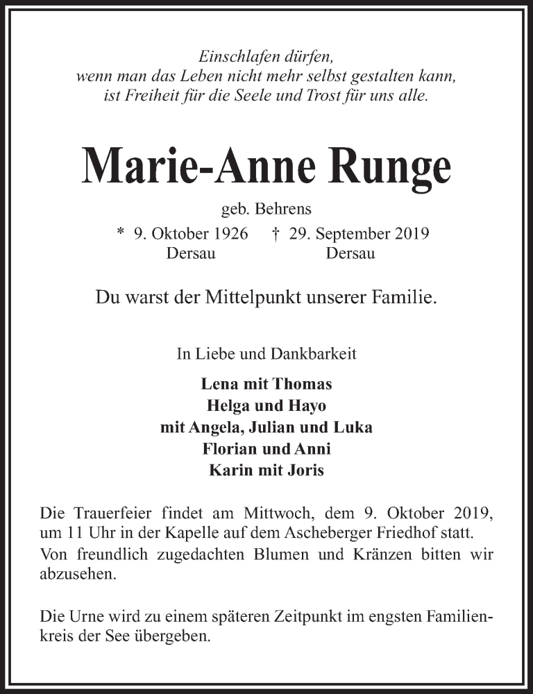  Traueranzeige für Marie-Anne Runge vom 05.10.2019 aus Kieler Nachrichten
