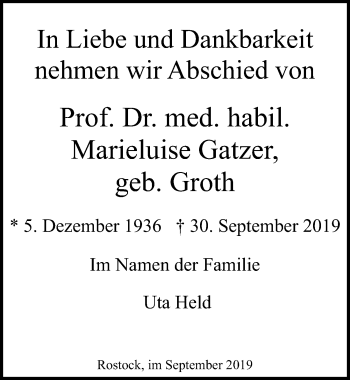 Traueranzeige von Marieluise Gatzer von Ostsee-Zeitung GmbH