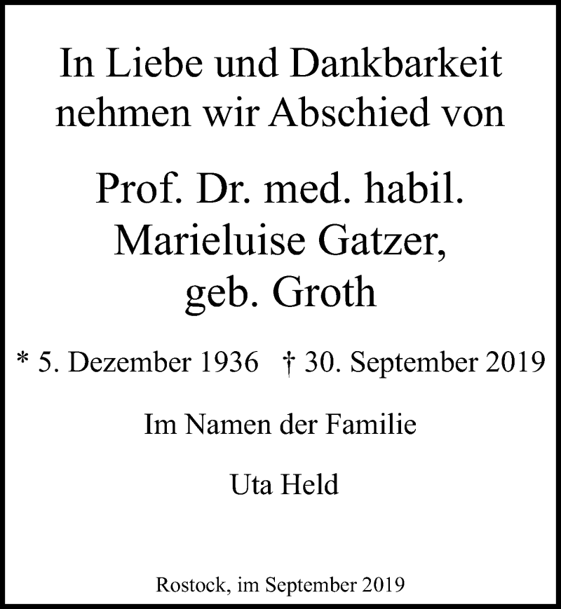  Traueranzeige für Marieluise Gatzer vom 05.10.2019 aus Ostsee-Zeitung GmbH