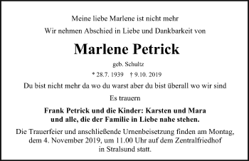 Traueranzeige von Marlene Petrick von Ostsee-Zeitung GmbH