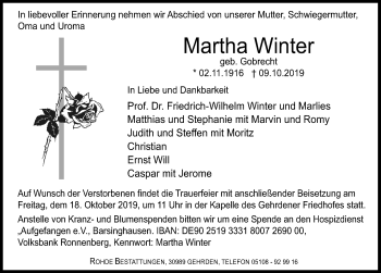 Traueranzeige von Martha Winter von Schaumburger Nachrichten